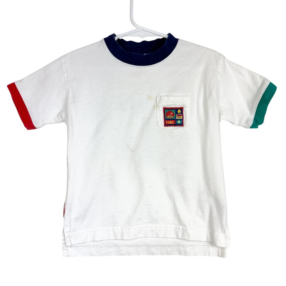 Vintage 90s Gymboree Parachute Print Pocket Tee Shirt White STAINED - Boys Small